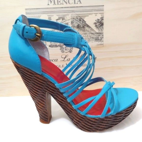 Vintage Diba Barbra Heels Turquoise Strappy Brazilian Leather Woven Design US 8 - Picture 8 of 15